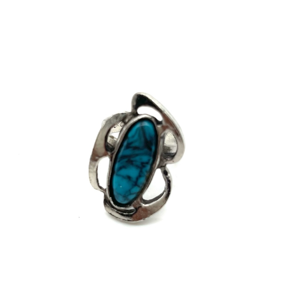 Turquoise On Silvertone Statement Ring - image 4